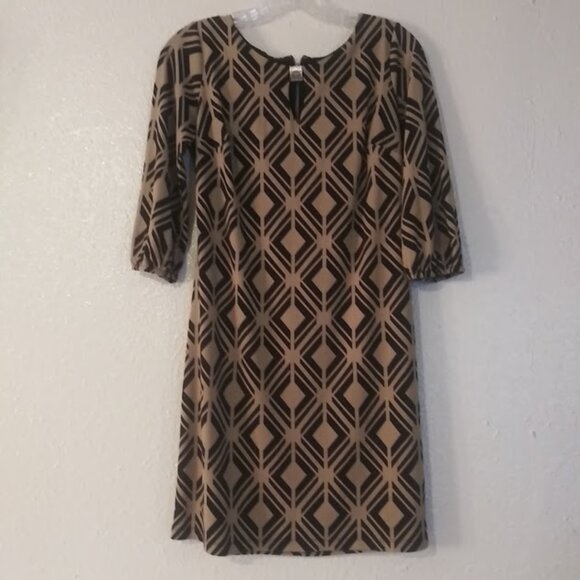 Enfocus women's size 6P beige and black diamond print dress - Picture 1 of 12